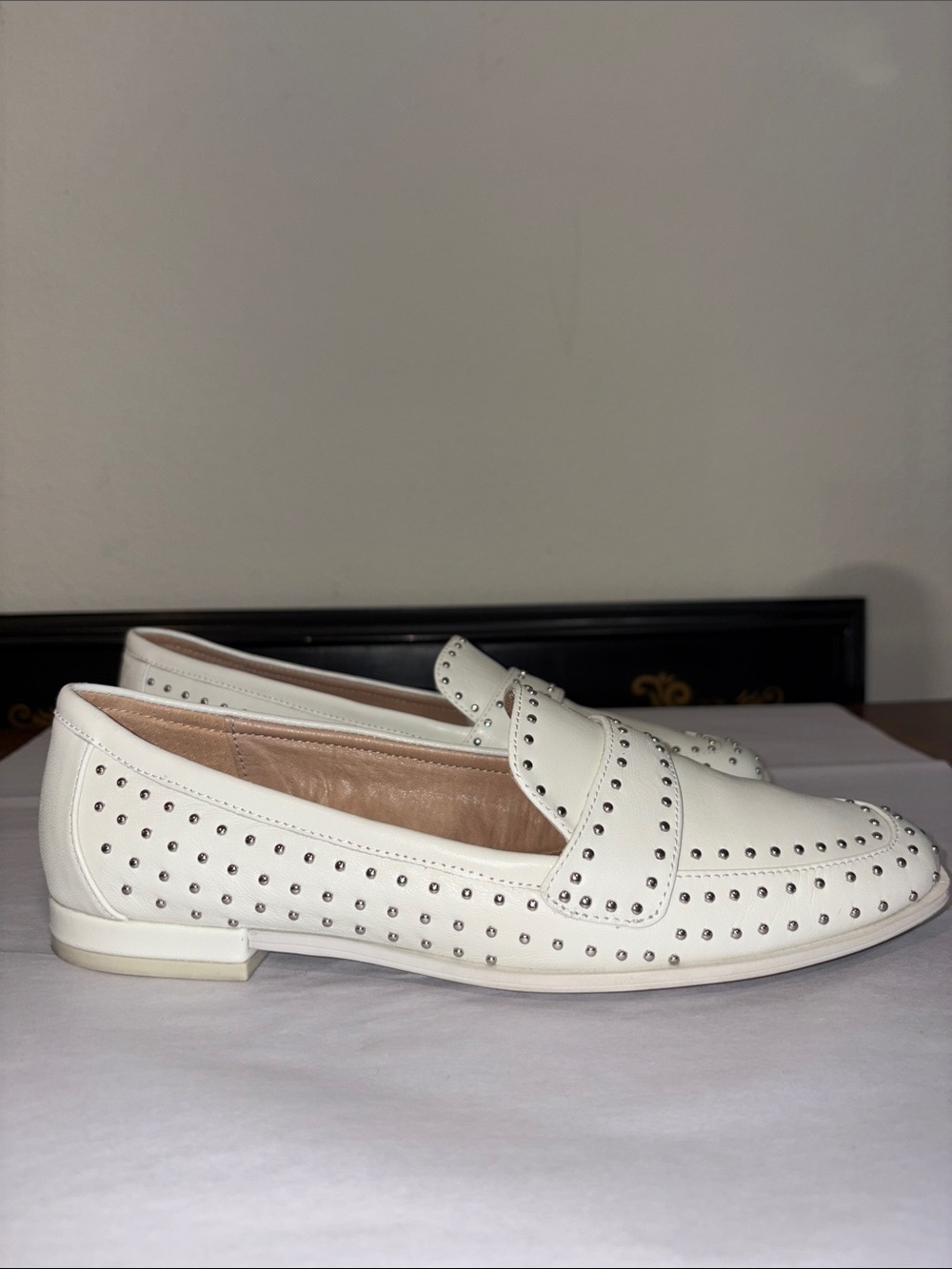 Chelsea & Violet White Loafers with Silver Studs worn once